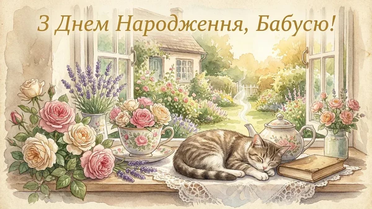 Привітання з днем народження бабусі — тепла листівка з квітами